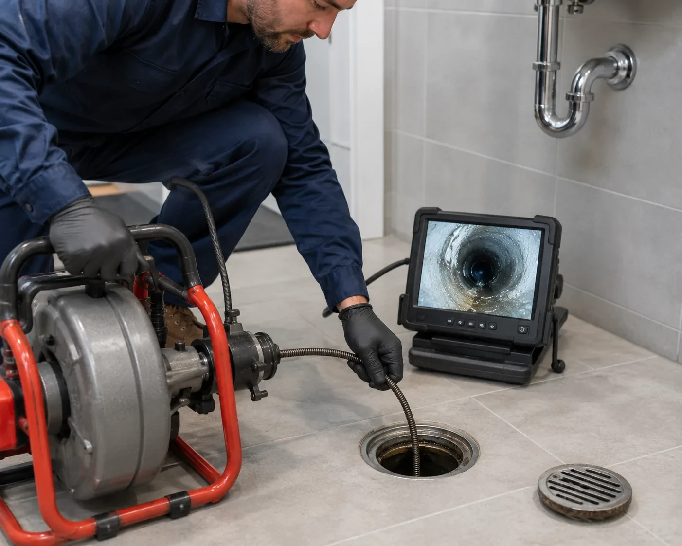 Drain camera inspection of a bathroom floor drain in Fremont, CA