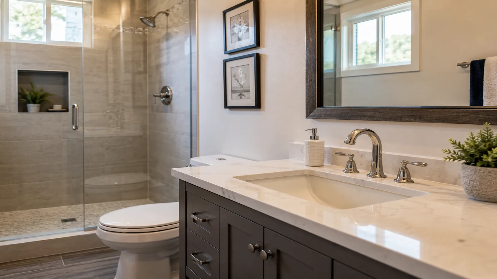 Finished bathroom vanity and shower after plumbing work in the Mission San Jose area of Fremont, CA