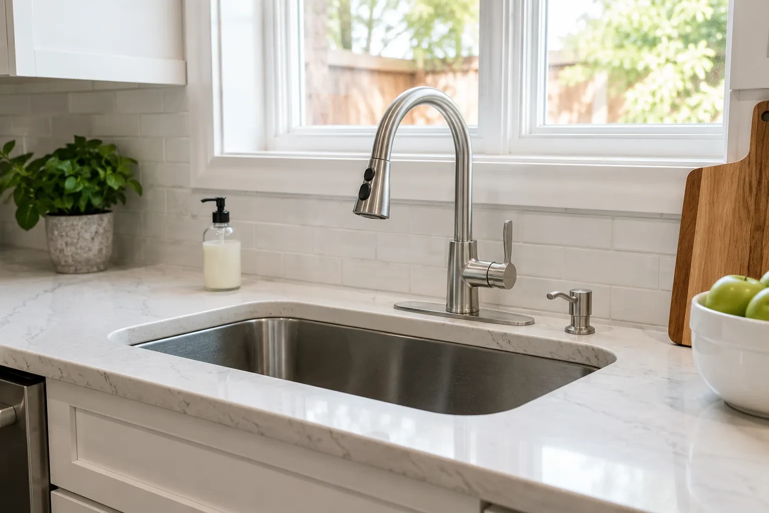 Finished bright kitchen sink after garbage disposal installation in a Fremont, CA home