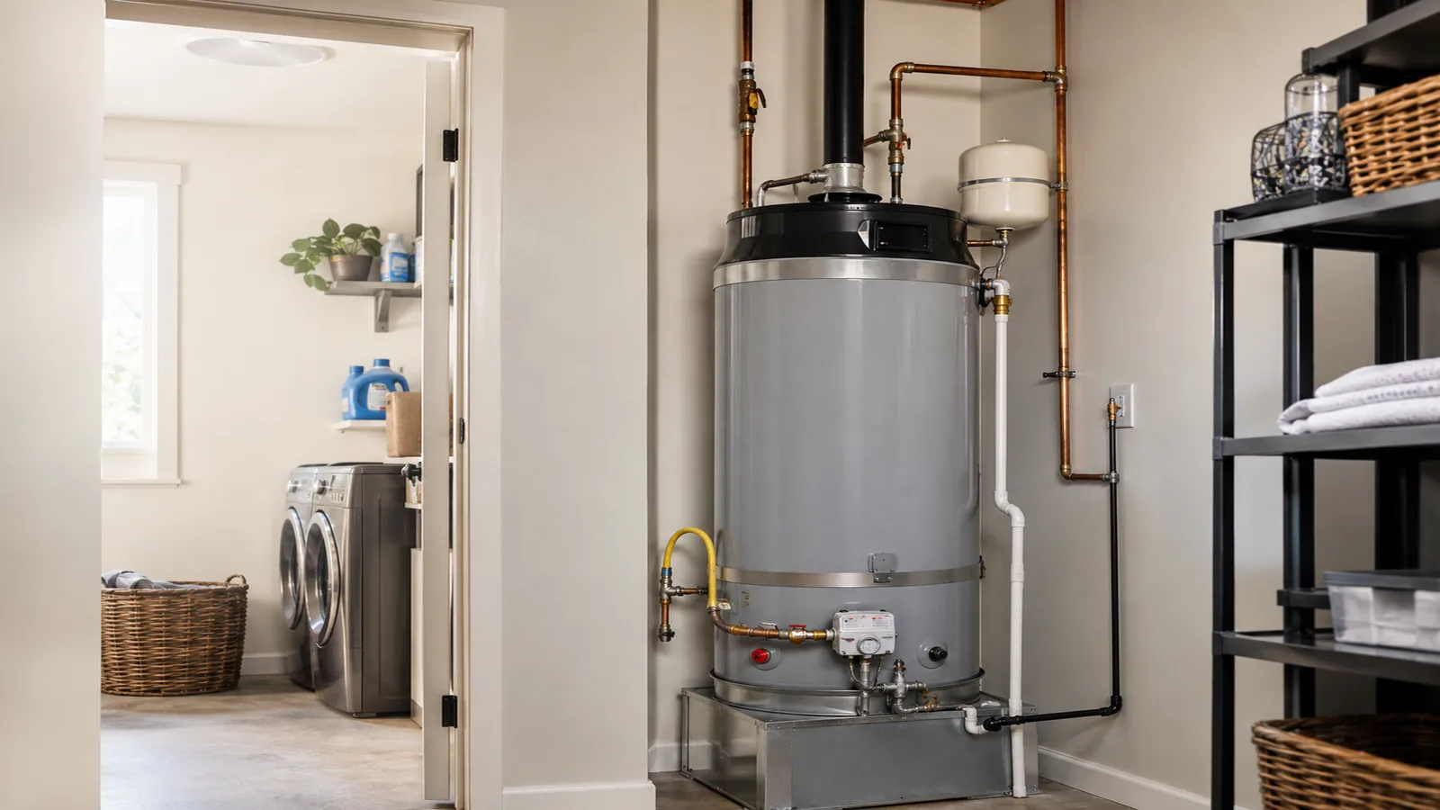 Newly installed water heater in a utility closet in the Irvington area of Fremont, CA