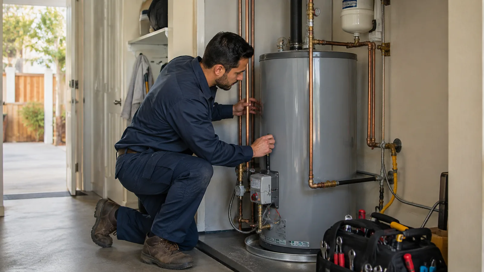 Plumber adjusting a water heater valve in a garage in the Ardenwood area of Fremont, CA