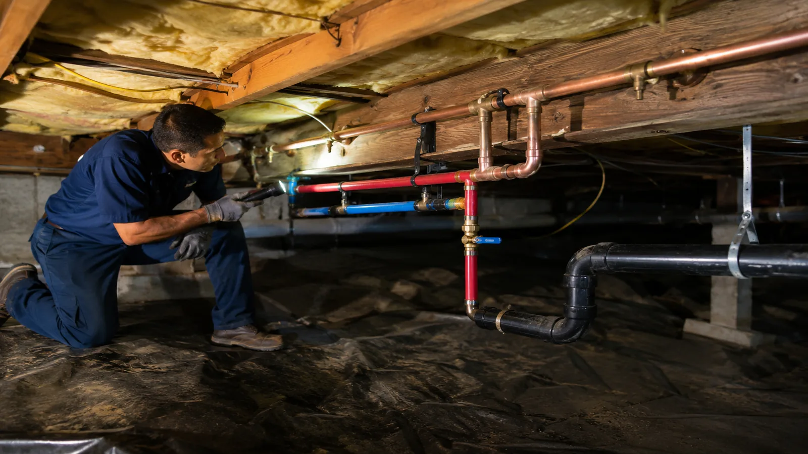 Plumber inspecting supply pipes in a crawl space with a flashlight in the Centerville area of Fremont, CA