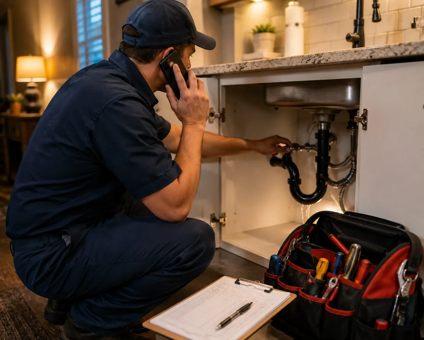 Plumber on a dispatch call while inspecting a kitchen sink in Fremont, CA