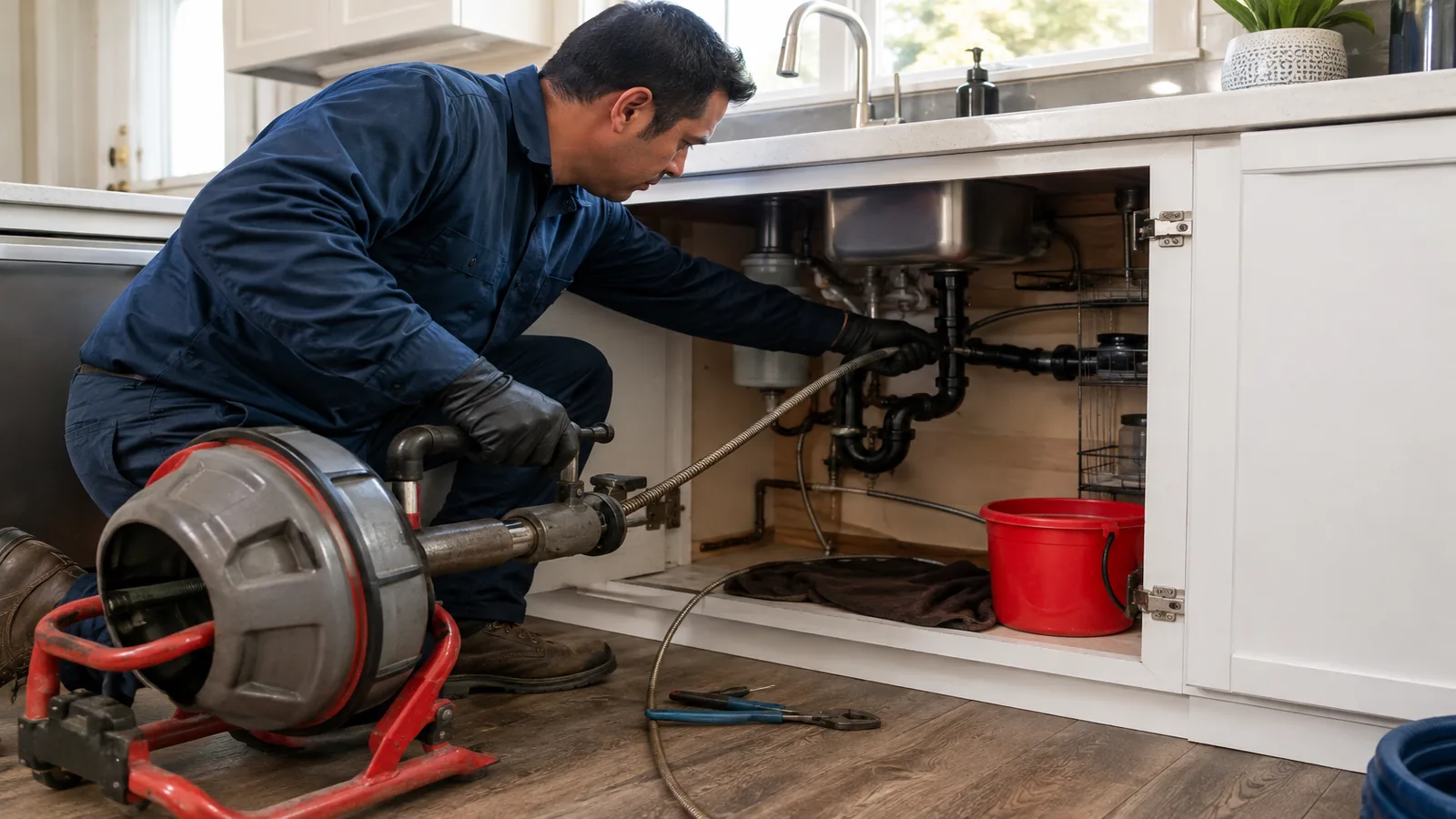Plumber using a drain auger under a kitchen sink in the Niles area of Fremont, CA