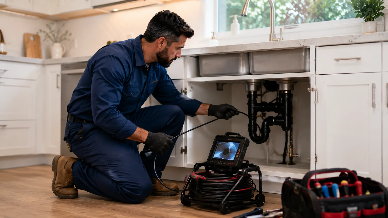 Plumber running a drain camera inspection under a kitchen sink in Niles, Fremont, CA