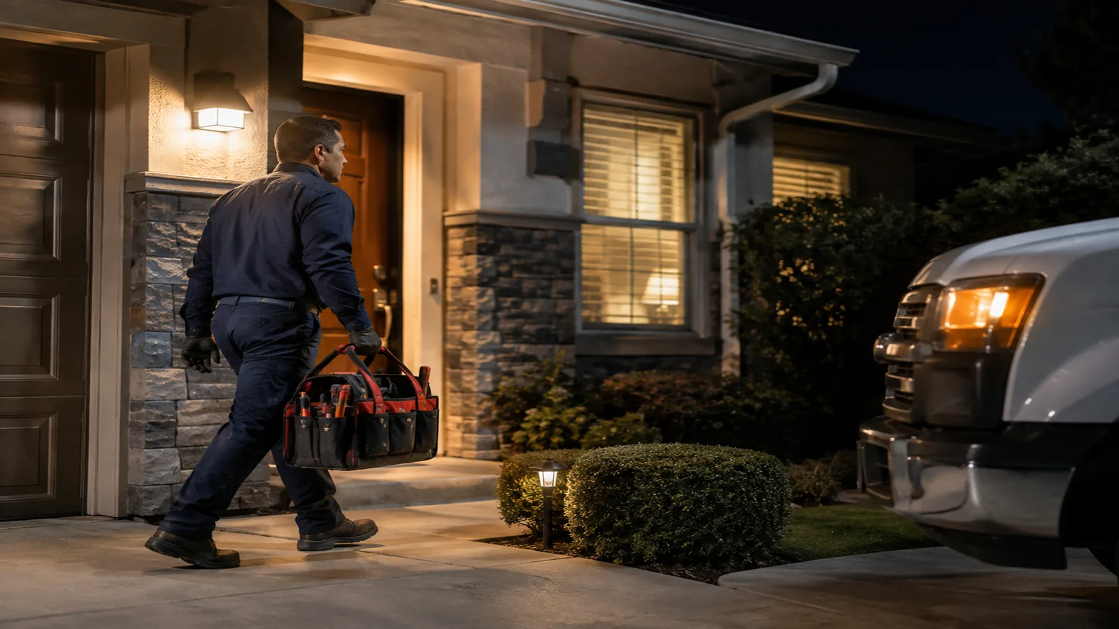 Plumber arriving for an emergency night callout in downtown Fremont, CA