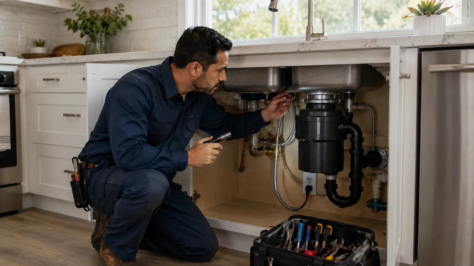Plumber inspecting a garbage disposal under a kitchen sink near the Fremont Hub area of Fremont, CA