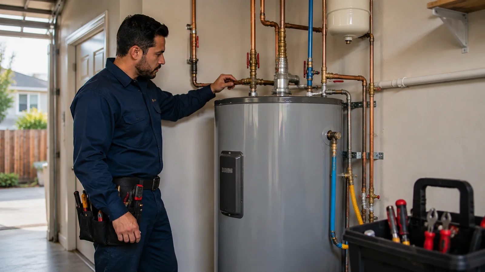 Plumber inspecting a newly installed water heater in the Warm Springs area of Fremont, CA