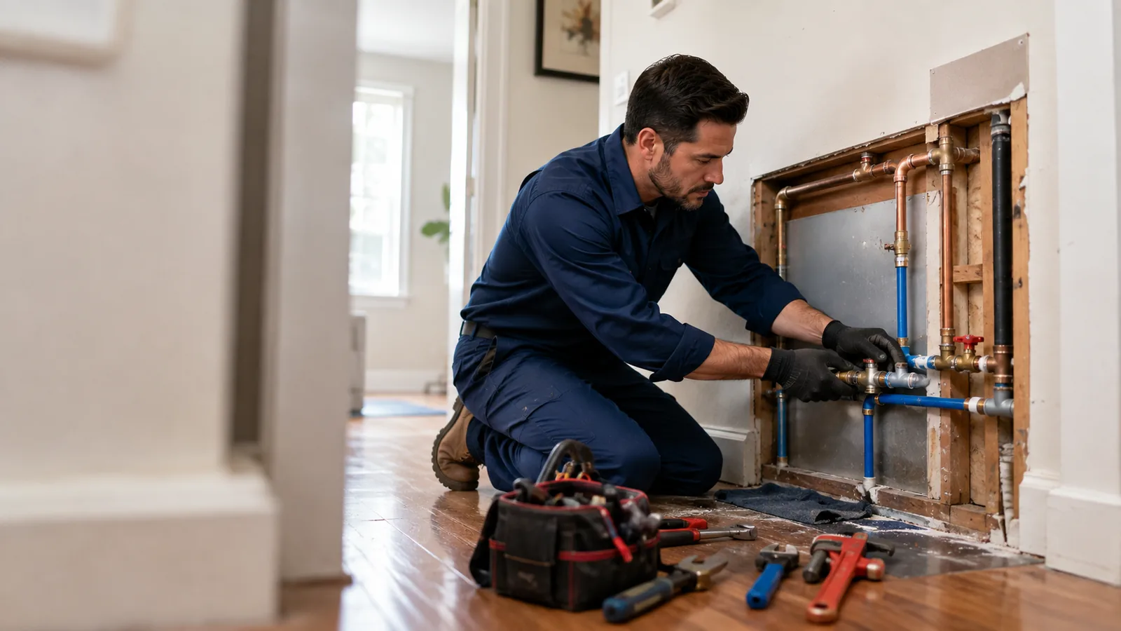 Plumber repairing exposed supply pipes behind an opened wall in Centerville, Fremont, CA