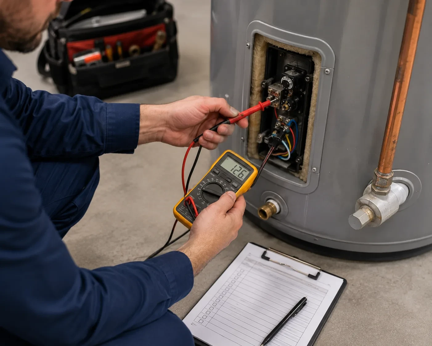 Close-up multimeter diagnostic on a water heater thermostat in Fremont, CA